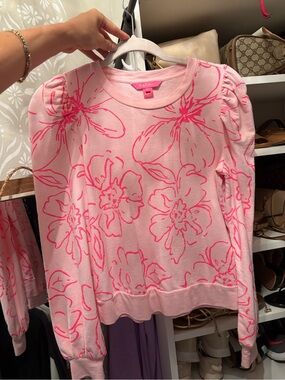 Lela Rose Pale Pink Crewneck Sweater with Hot Pink Floral Motif